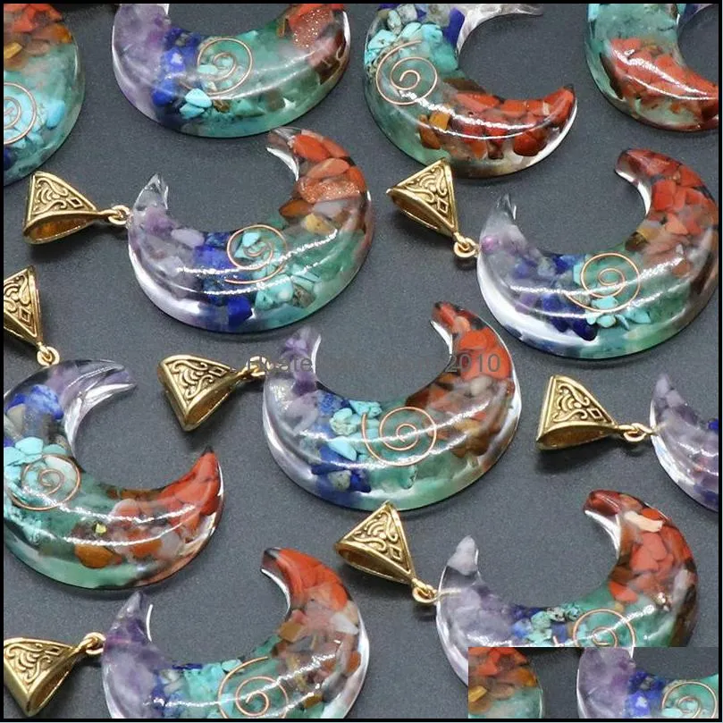 coated resin colorful stone beads crescent moon pendant necklace healing jewelry for men men rope chain