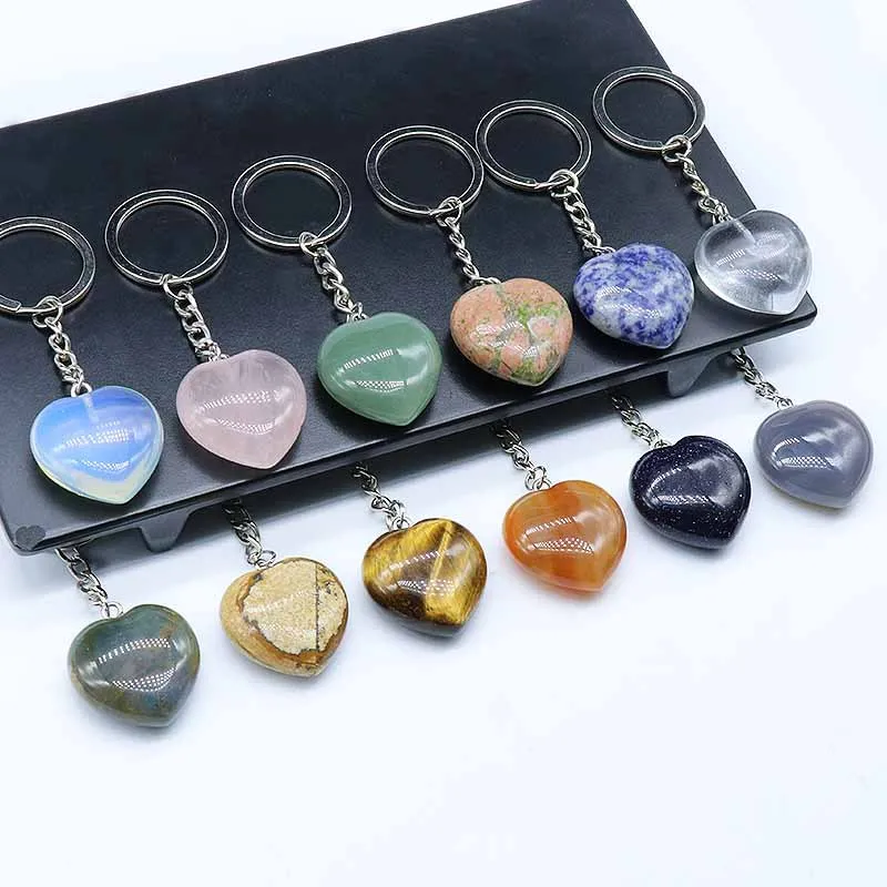 Natural Crystal Stone Keychain Pendant Party Favor Creative Heart Shaped Gemstone Key Chain Fashion Accessories Keyring Birthday Gift