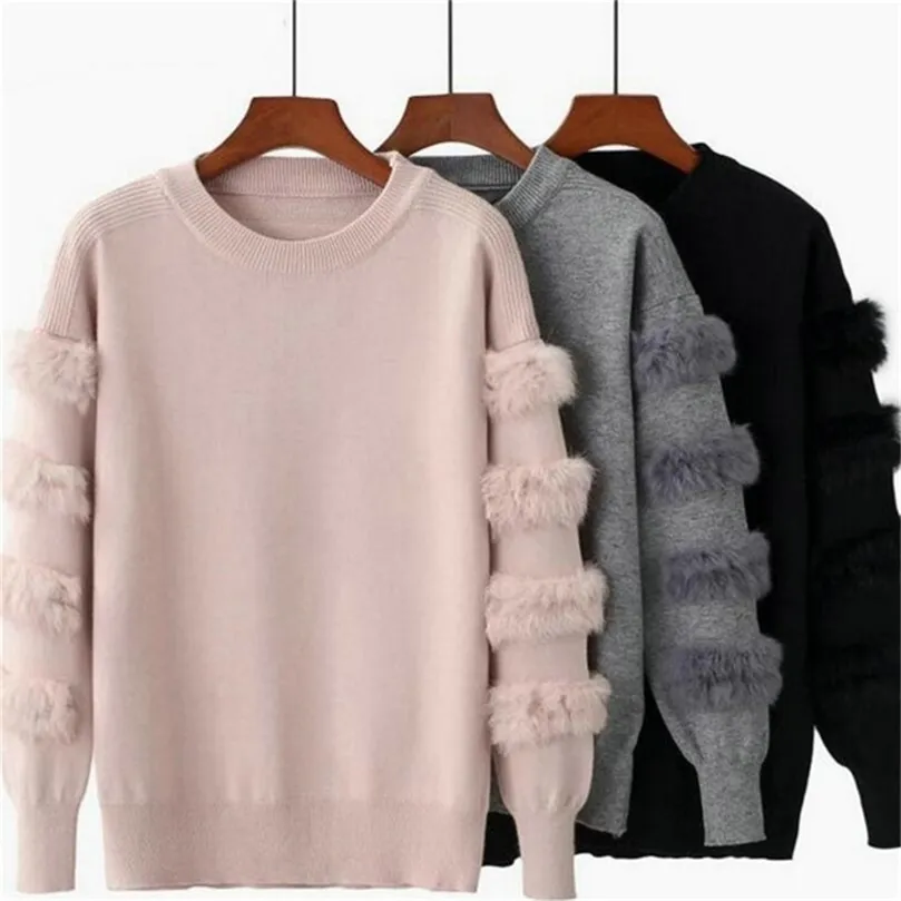 Autumn And Winter Women's Fashion Rabbit Fur Decorative Sleeve Sweater Solid Color Pullover Sweater Sweater 201222