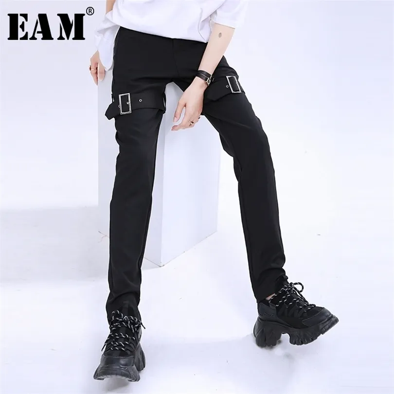 EAM taille haute noir fermeture à glissière boucle fendue pantalons longs nouveau pantalon coupe ample mode printemps été 1U497 201012