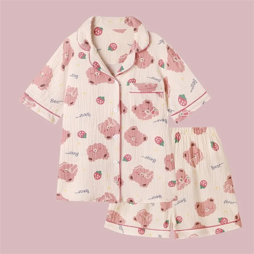 Qweek Хлопок клубничный пижам для женщин Kawaii костюмы с шорты летом Pijama смешные медведь печать пижамы 220329