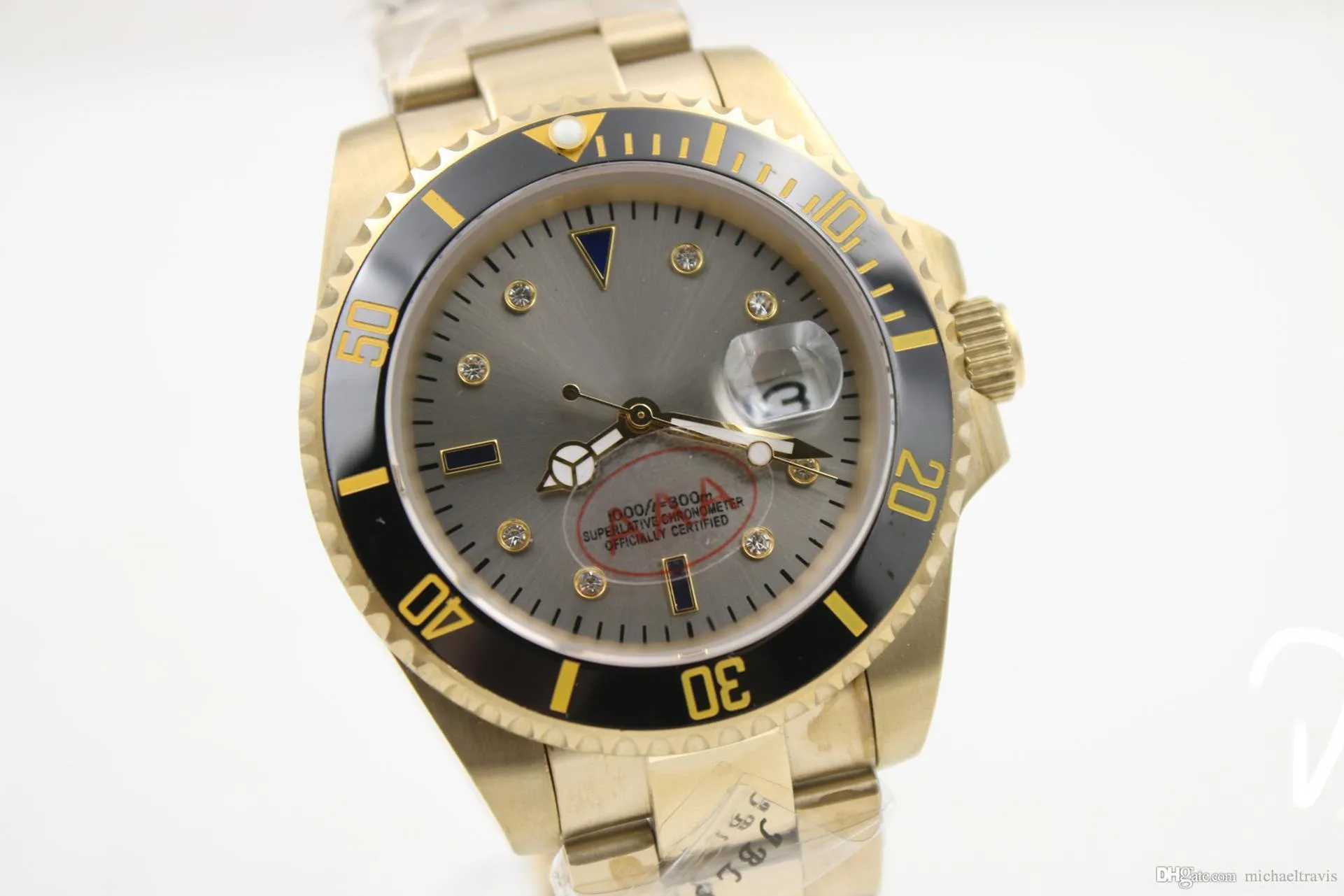 자동 기계식 남성 마스터 시리즈 40mm 회색 디스크 시계 고품질 18K 골드 스틸 시계 밴드 로터리 세라믹 손목 시계