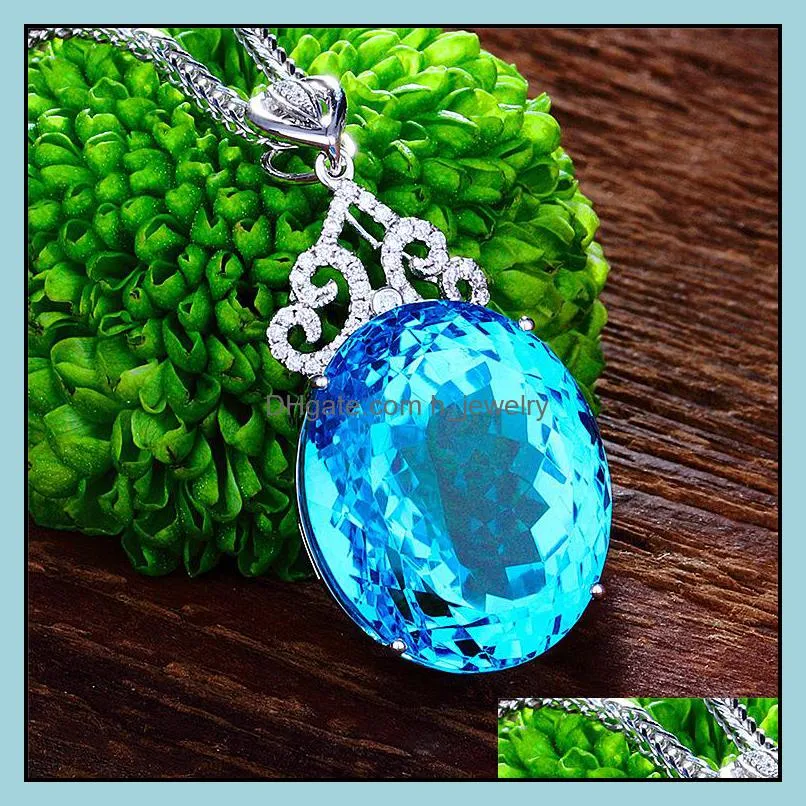 fashion highend large naked stone pendant sky blue topaz pendant necklace 18k white gold plated female color gemstone exquisite hjewelry