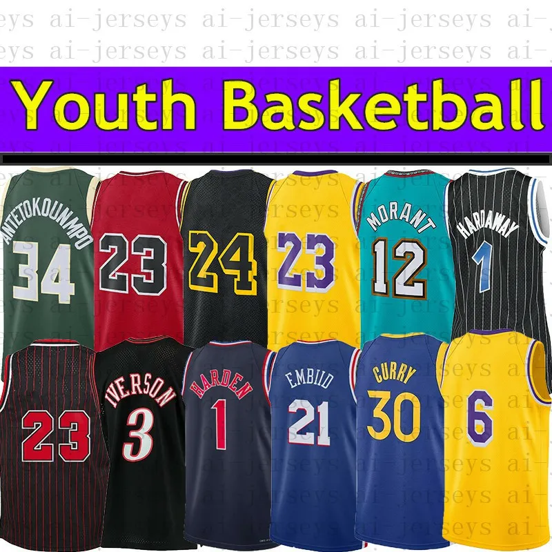 농구 유니폼 1 Harden 21 Embiid 30 Curry 1 Hardaway 34 Antetokounmpo 12 Morant 3 Iverson 스티치 청소년 어린이 크기 S M L XL