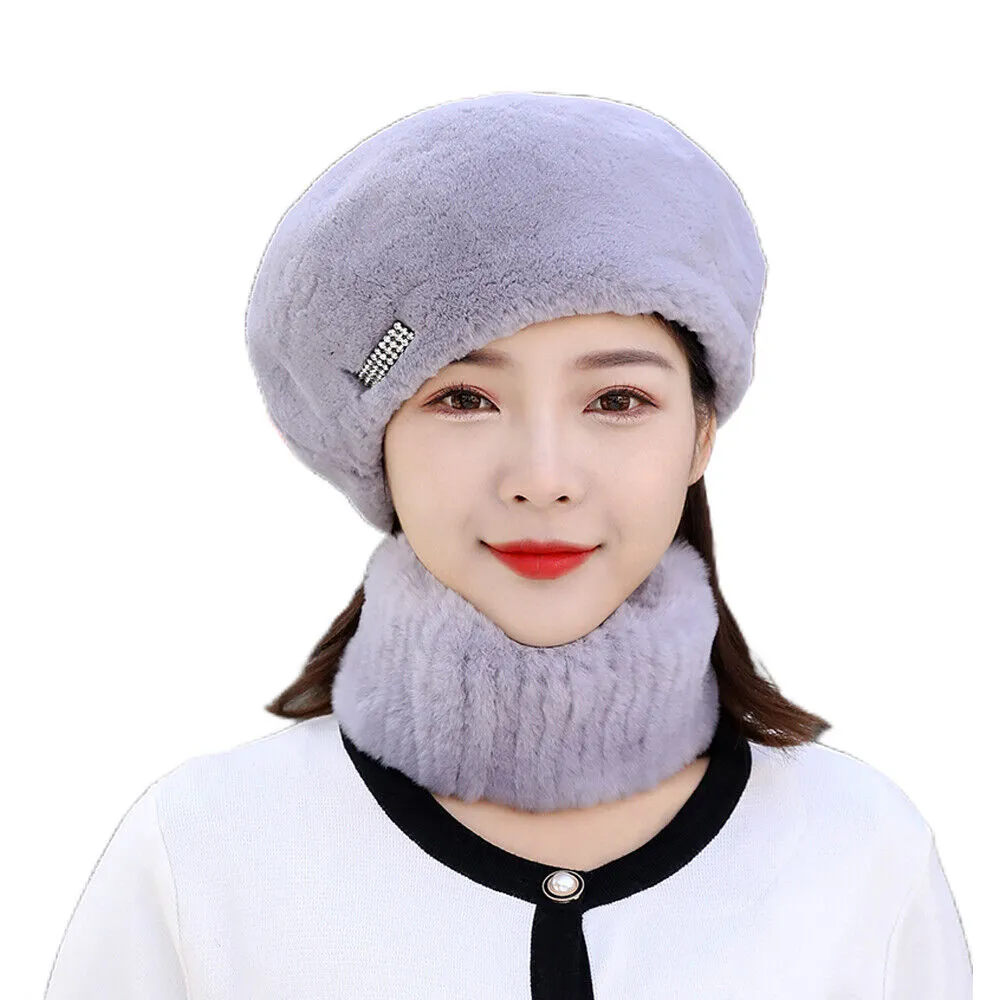 Kadınlar Gerçek Rex Tavşan Kürk Şapka Eşarp Setleri Kış Sıcak Bere Kapı Gri