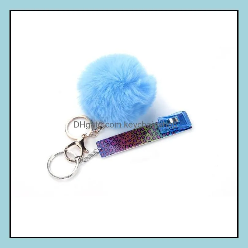 card grabber household self defense keychains women fashion cute credit cards puller pompom acrylic debit bank for long nail atm rabbit fur key rings