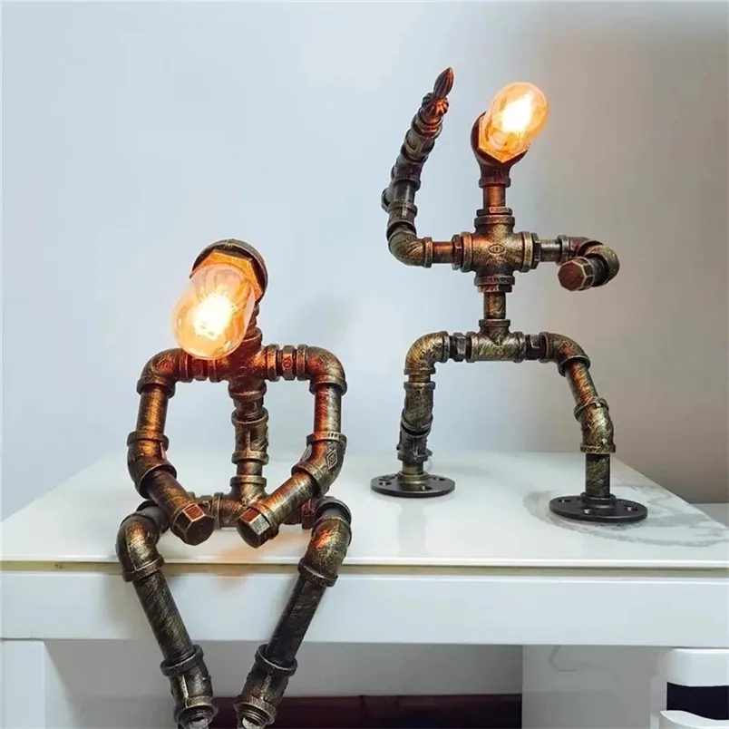 Iron Robot LED Desk Lamps Water Pipe Art Tube Loft Edison Industry Vintage Table Lights For Coffee Bar Bedroom Night Lighting 220722