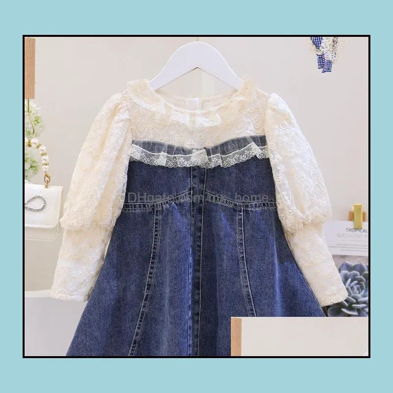 baby girls lace puff sleeve dress children denim stitching princess dresses spring autumn fashion boutique kids clothes z4790