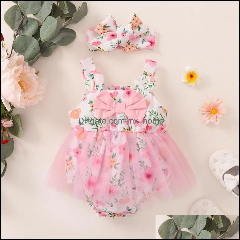 kids rompers girls floral lace romper infant flowers print jumpsuits with bow headband summer fashion korean version baby clothes