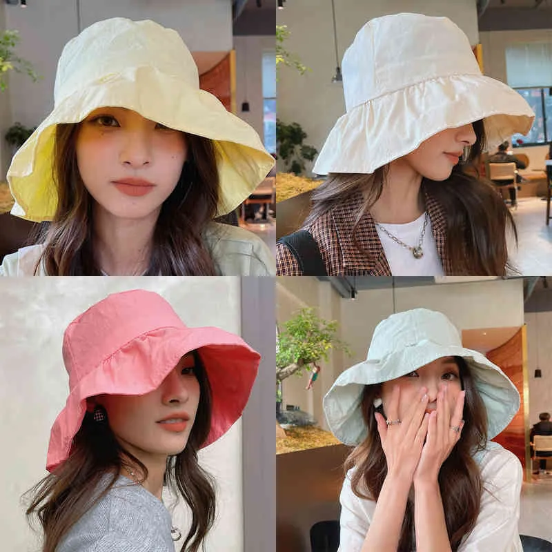 2022 nuevo estilo japonés plisado pescador sombrero mujer verano fino Casual todo-fósforo sombrero para el sol sombrilla Panamá Gorros Y220607