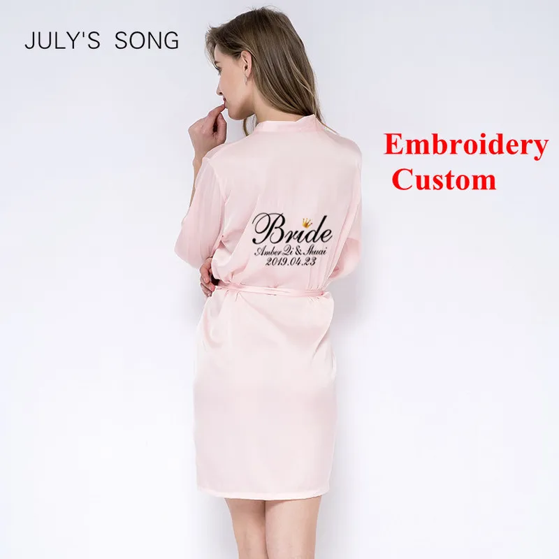 JULY'S SONG Robes Sleepwear Embroidery Custom Robe Customize Name Satin Pajamas Wedding Bride Bridesmaid Robe Maid of Honor 220621