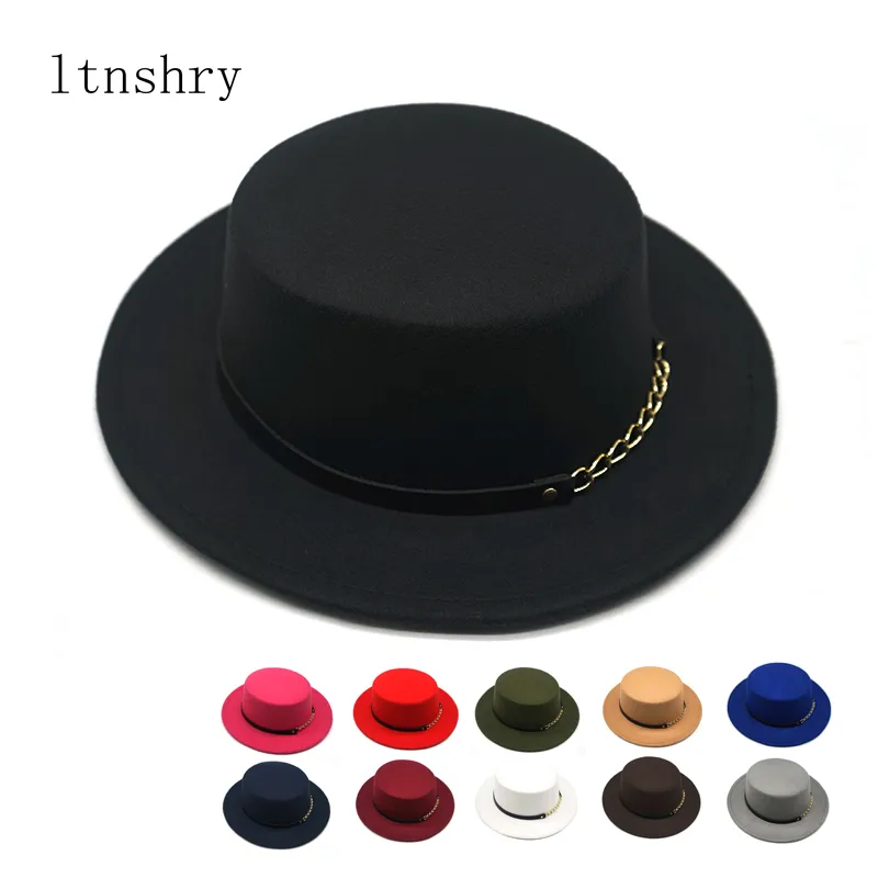 Sombrero Fedora de lana para hombre y mujer con cadena dorada, cinta para caballero, elegante para mujer, invierno, otoño, ala ancha, Jazz, iglesia, Panamá, sombrero de copa 220506