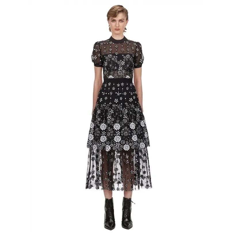 New arrive women lace dress round collor short sleeve female black flower midi dress T200113