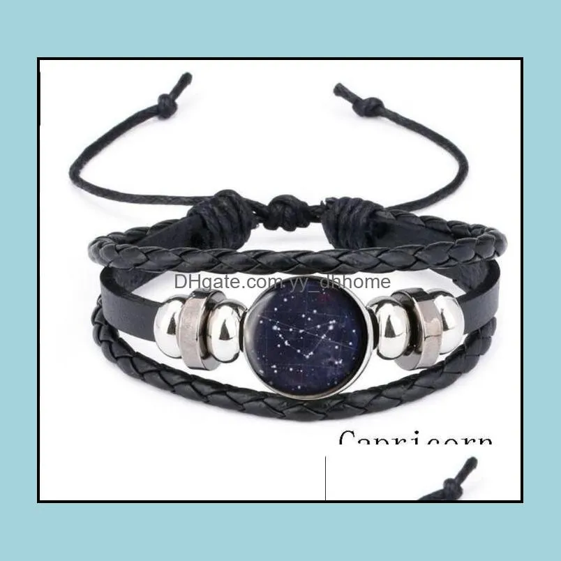 zodiac sign bracelet jewelry with black leather multilayer 12 constellation pattern glass cabochon bracelet bangle for men