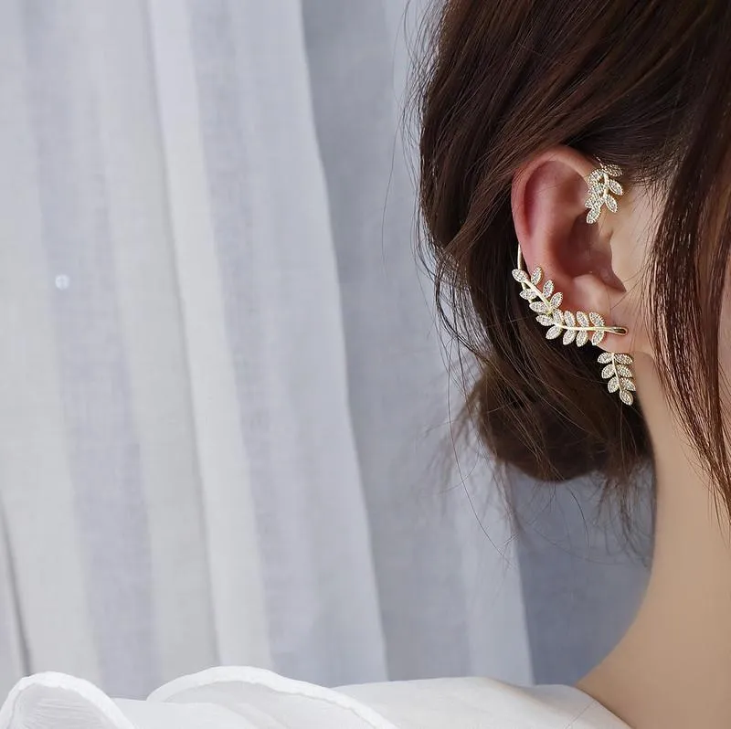 Clip-on & Screw Back Exquisite Micro-inlaid Zircon Leaf Ear Cuff Earring 2022 Luxury Shining Clip EarringsClip-on