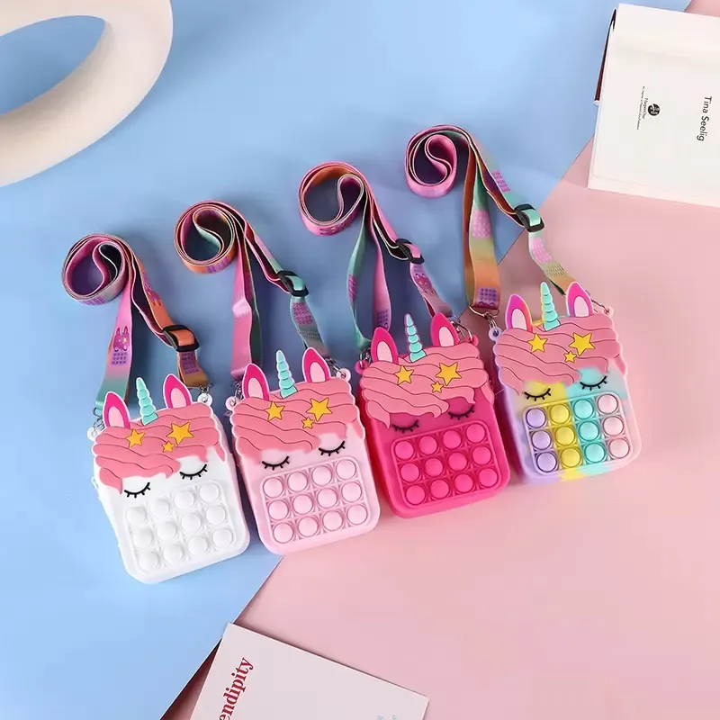 Unicorno Fidget Toys Bolla sensoriale Bretelle Borsa a tracolla Cinghie per cellulare Spingere le dita Custodia per telefono Custodia per cambio Portamonete Decompressione Bambini