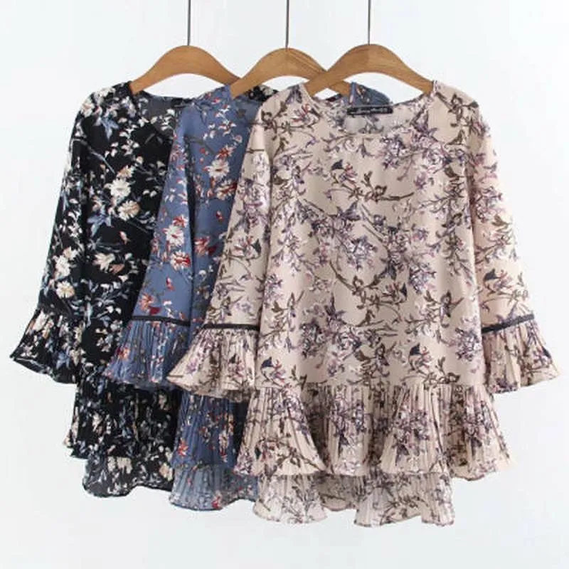 Women's Plus Size T-Shirt Chiffon Elegant Womens Blouses Summer Tops For Women Ruffle Tunic Floral Blouse Female Clothes Loose Casual