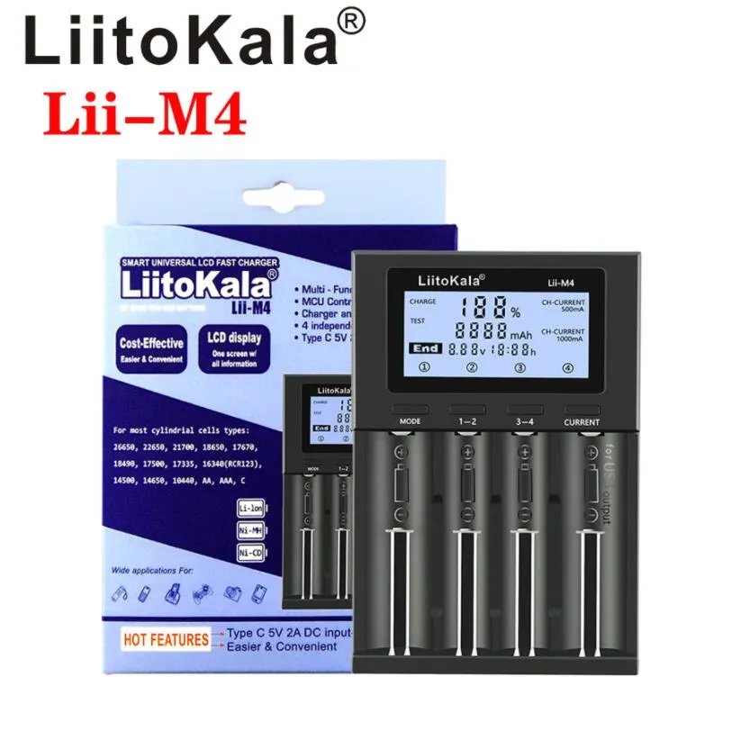 LiitoKala Lii-M4 18650 LCD-Display Universal Smart Charger 4 Slot Testkapazität für 3,7 V 1,2 V 26650 18650 21700 18500 AA AAA Batterie