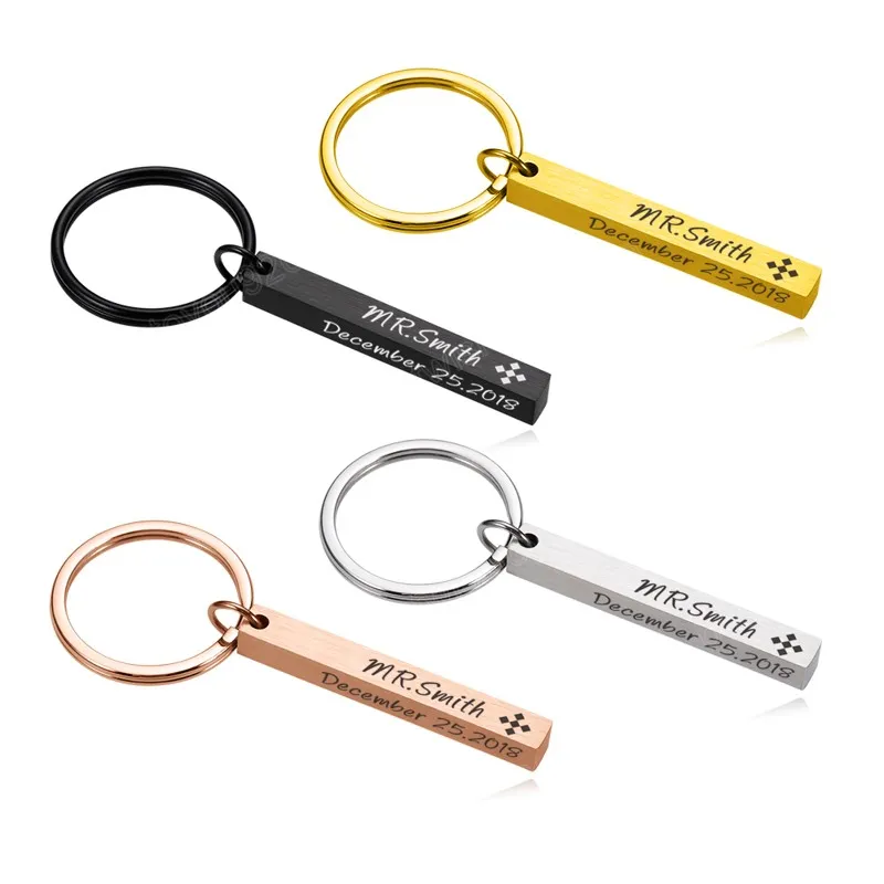 Personlig nyckelring Anpassade nyckelringar Tredimensionell kuboidgravering Text Datum Rektangel Key Ring Original Keychains