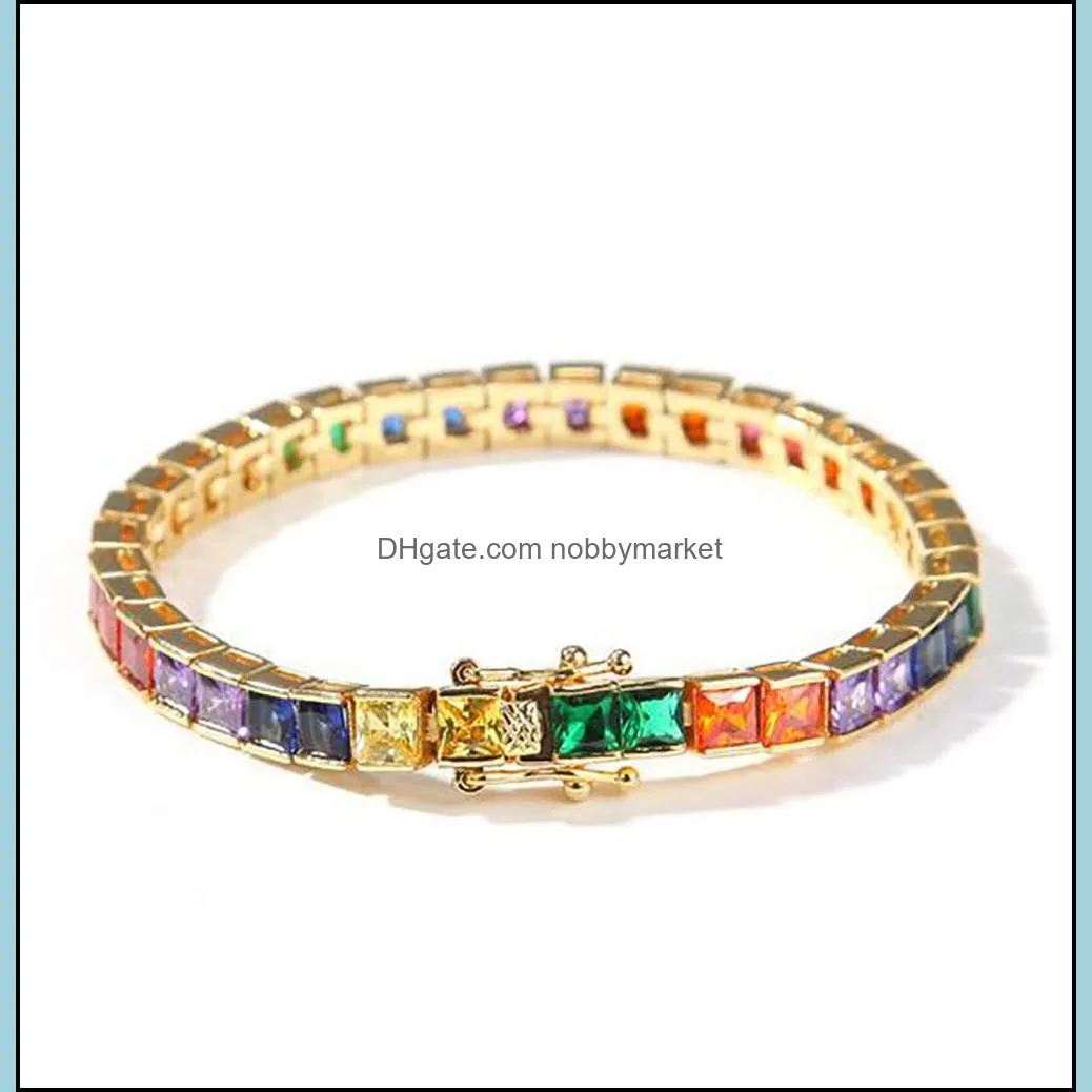 5MM Square Diamond Bangle Tennis Bracelet Colorful Cubic Zirconia Bracelets for Men Women Hip Hop Jewelry 14-18CM