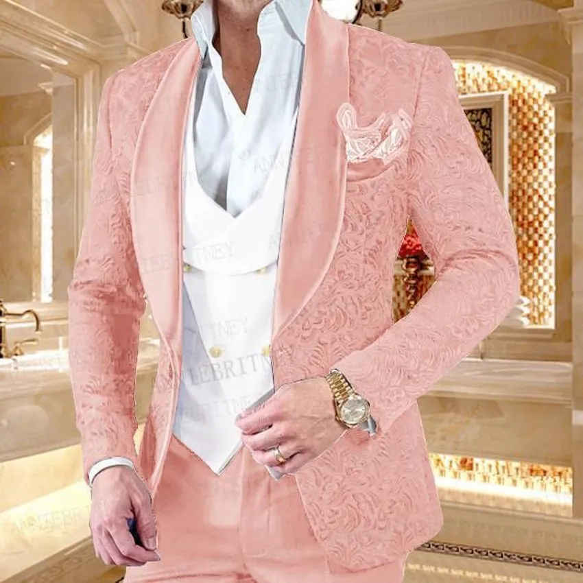 Novo em relevo rosa noivo smoking xale verde lapela ventilação lateral padrinhos vestido de casamento excelente homem jaqueta blazer 3 peças terno jaqueta calças colete gravata 2606
