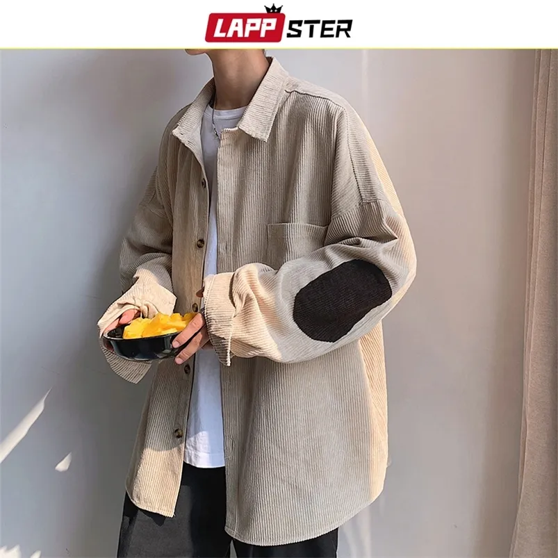 LAPPSTER Men Corduroy Patchwork Shirts 2020 Hip Hop Loose Long Sleeve Shirt Japanese Streetwear Khaki Harajuku Shirt Oversized LJ200925