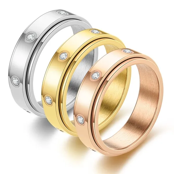 Roteerbare roestvrijstalen ring zirkoon stress reliever rings angst spinner ringen band voor vrouwen mannen mode sieraden wil en sandy