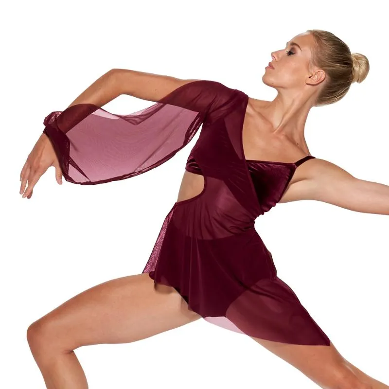 Bühnenkleidung MiDee 3-teiliges lyrisches Tanzset, Anzug, Samtoberteil und Shorts mit Asymmetrie, Slipt, langes Puffärmel-Netzkleid, Ballettkostüm