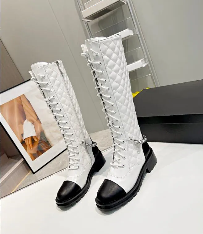 Latest Ladies Long Boots Low Heel Round Toe Front LaceUp Diamond Leather Face with Chain Decorative Dress Casual Banquet Work Siz4589552