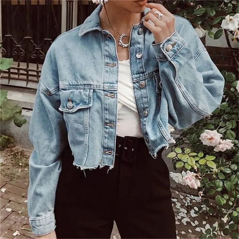 2020 Spring Autumn Crop Kurtka dżinsowa Kobiety w stylu chłopaka z długim rękawem Casual Blue Jean Jacket Lady Vintage Button Crop Top Coat LJ200813