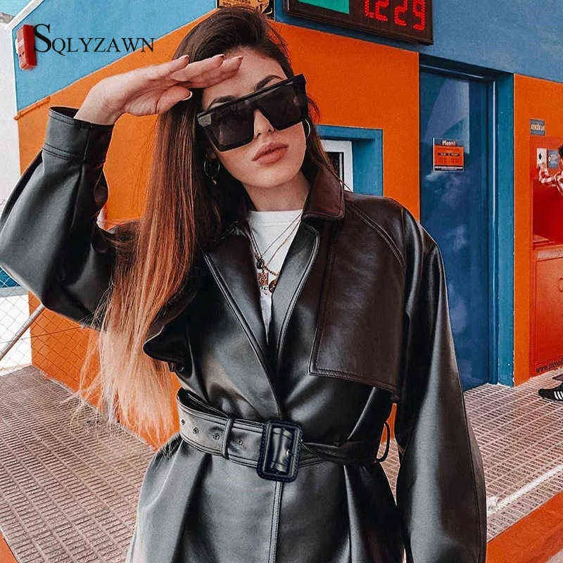 Gothic Black Trench Coat Women Fall Streetwear Faux Leather PU Jacket with Bandage Belt Ladies Fashion Motorcycle Jacket Outwear L220728