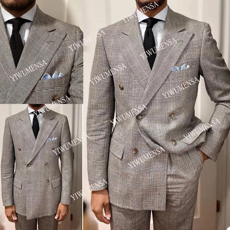 Erkekler Takım Elbise Blazers Yiwumensa Slim Fit Ekose Kontrol Örgün Kruvaze Jantiyer 2 Parça Damat Düğün İş Için Erkekler Giymek