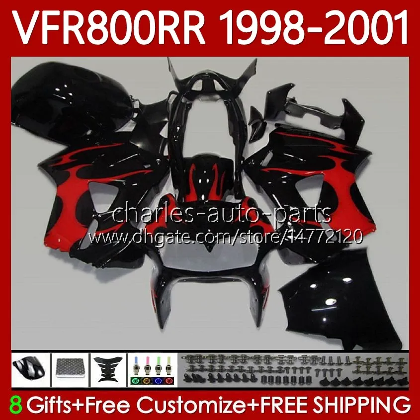 Fairings Kit för Honda Interceptor VFR800RR VFR 800RR 800 CC RR VFR800 98 99 00 01 Kropp 128no.64 800cc VFR-800 RR 1998 1999 2000 2001 Röda flammor VFR800R 98-01 Kroppsarbete