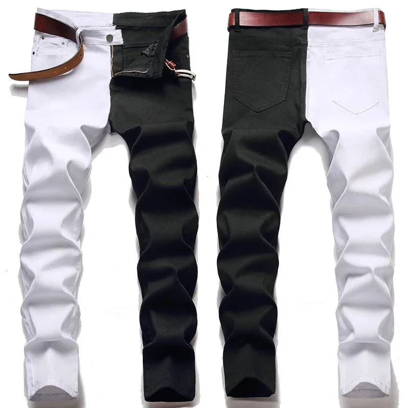 Men's Jeans Male American Styles Fashion Stitching Slim Two-color White And Black Trend Stretch Trousers Denim Pants209r