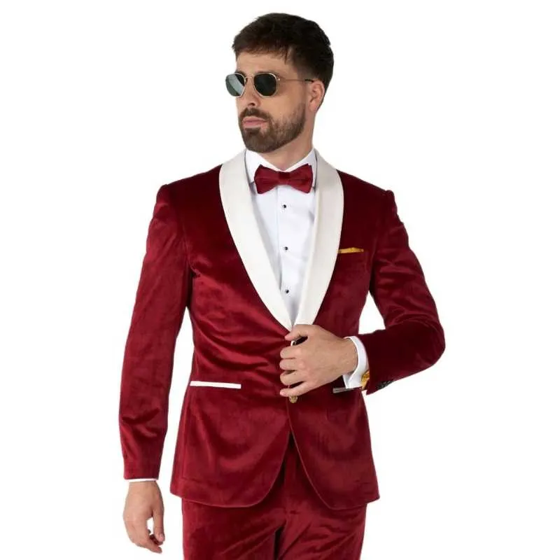 Men's Suits & Blazers Men Slim Fit 2 Pieces Red Velvet Blazer Pants Set/Wedding Groom Tuxedo White Collar Classic Fit/Formal Wear Prom Cloth