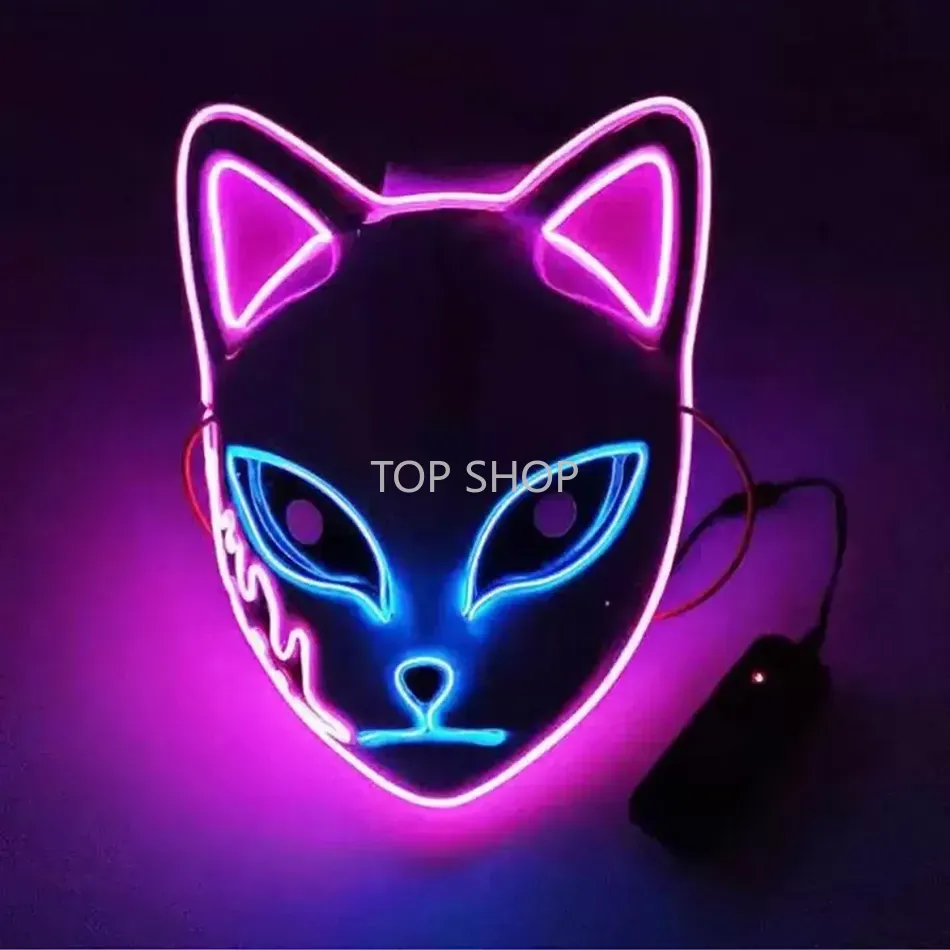 Nuevo Demon Slayer Fox Mask Fiesta de Halloween Anime japonés Cosplay Disfraz Máscaras LED Festival Favor Props EE