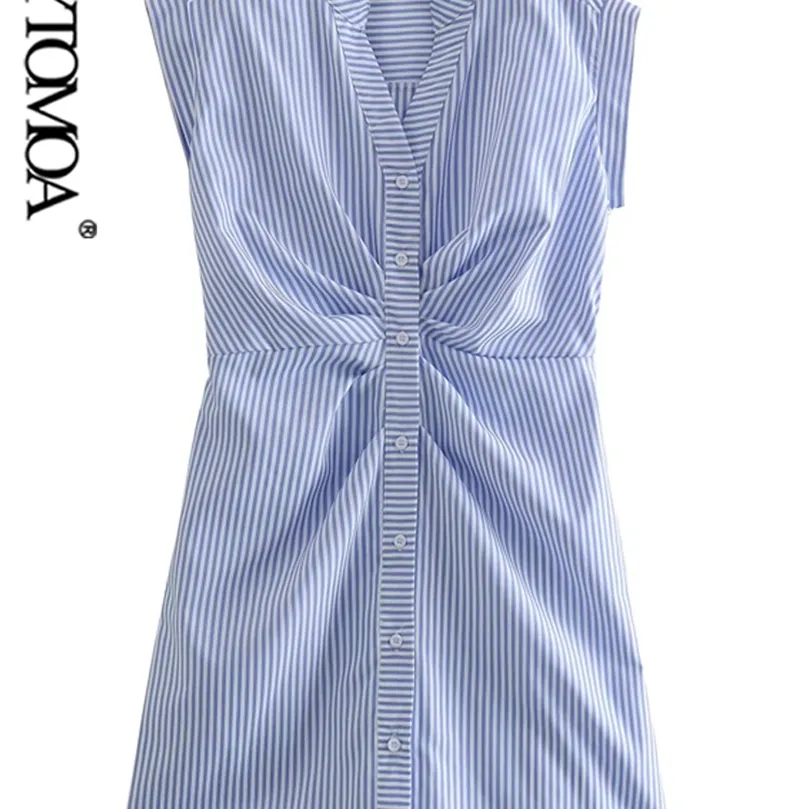 Женская мода плиссированное полосатое мини -платье винтажное рукавочное платья Женские платья vestidos mujer 220526