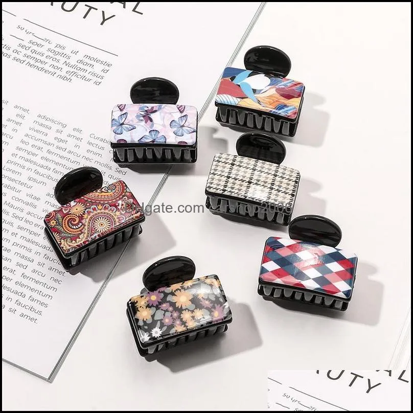 girls butterfly leaf rhombus daisy pattern square hair clamps small size plaid acrylic animal plant print hair claw clips women shower ponytail hairpins 4.2