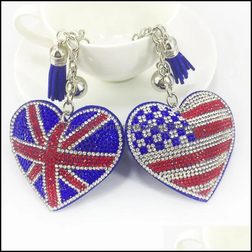 2022 Creative British and American Flag Pattern Key Rings with Filled Rhinestone Fashion Bag Pendant Ladies Luggage Car Accessories