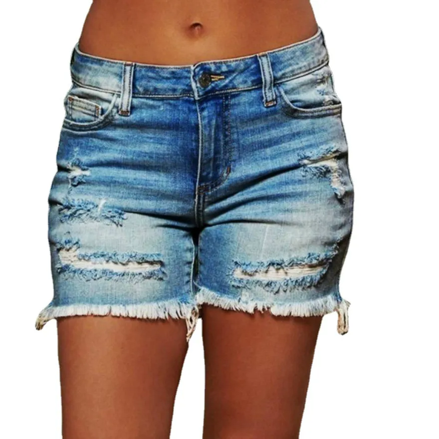 Short Moto Pour Femme En Jean Délavé Bleu Moyen - Taille 34 (W34) - Occasion Très Bon état