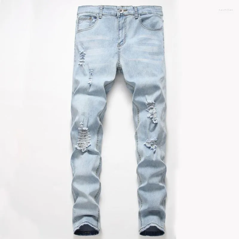 Jeans masculinos Personalidade da moda masculina rasgou as calças jeans de jeans de zíper mais magro da zíper de calças super skinny naom22