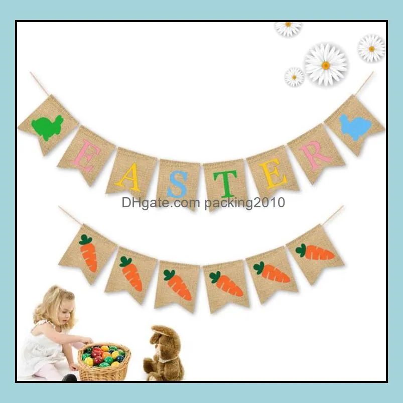 easter flag linen hanging banner colored rabbit carrots pull flags home decor layout easter party decoration sn4353