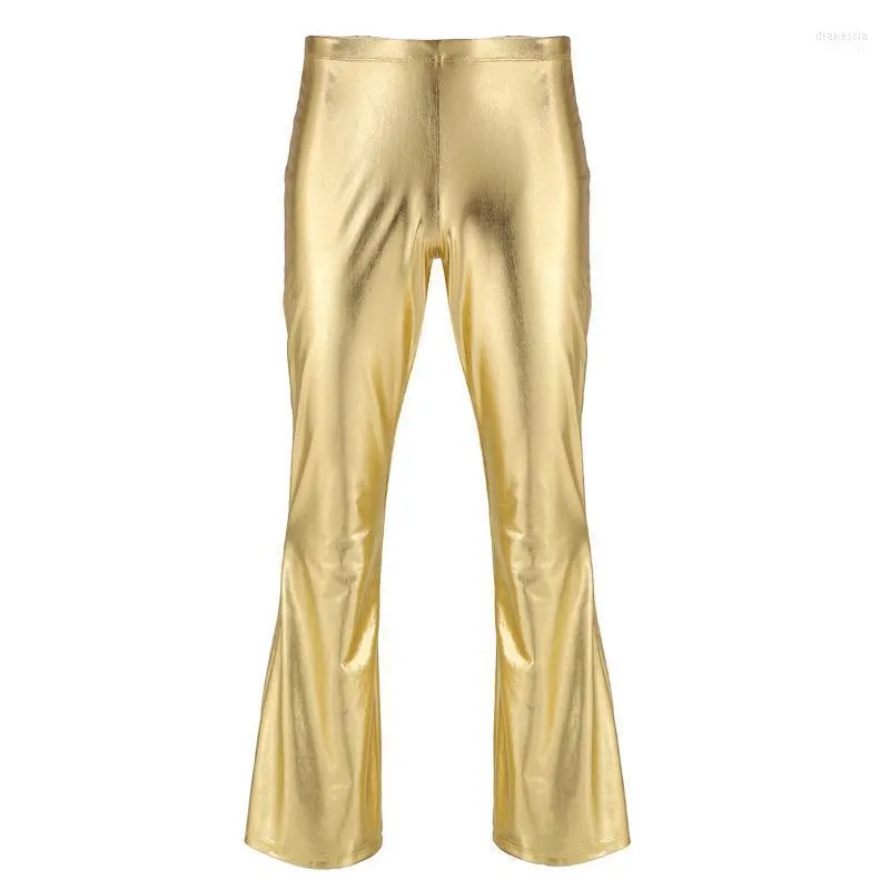 Pantaloni da uomo Adulto Mens Moto Punk Clubwear Party Disco metallico lucido con fondo a campana Pantaloni lunghi svasati da uomo Drak22