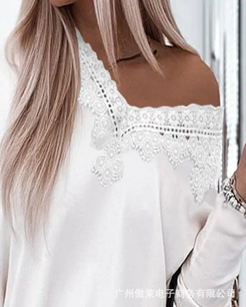 Women's Polos Spring And Autumn European American White Lace V-neck Blouse Female Casual Long Sleeve Top Lady T-shirtsWomen's PolosWomen's
