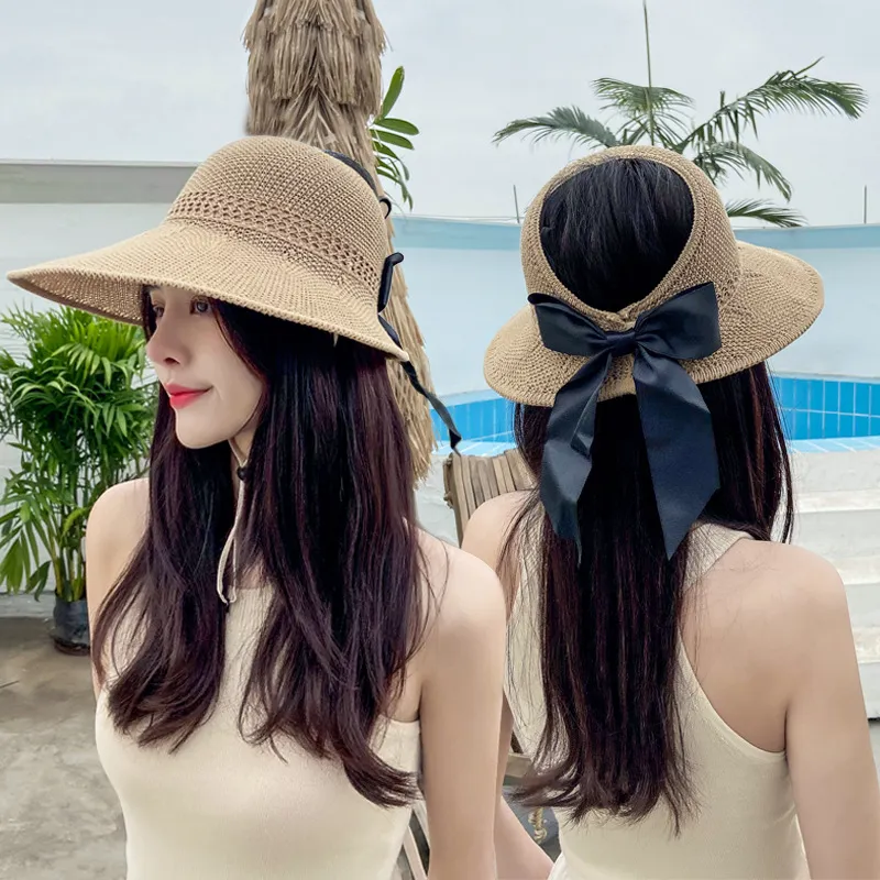 Designer di cappelli da top a tappo vuoto da prua femmina femmina estate per la protezione solare per la protezione solare per la spiaggia cappello da sole roll-up cappelli da paglia ondulata grande
