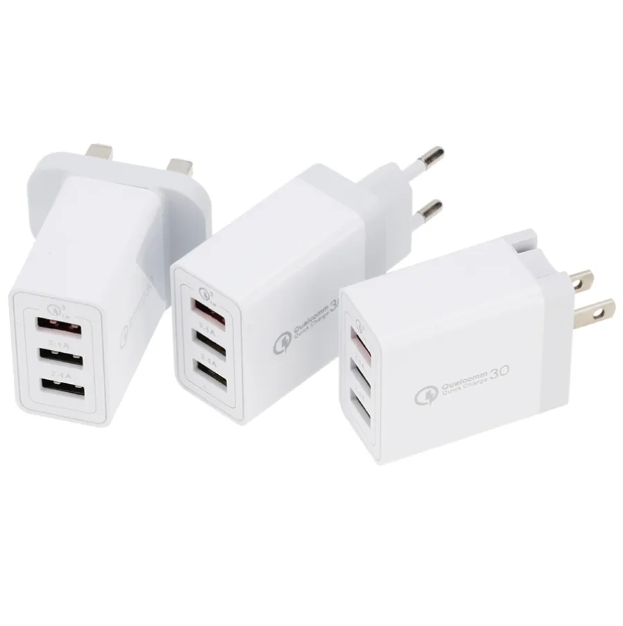 شاحن الدهون QC 3.0 18W Charge Charge Dual 2.4A USB Wall Chargers 3 منافذ الاتحاد الأوروبي US UK Plug Home Adapter للهاتف