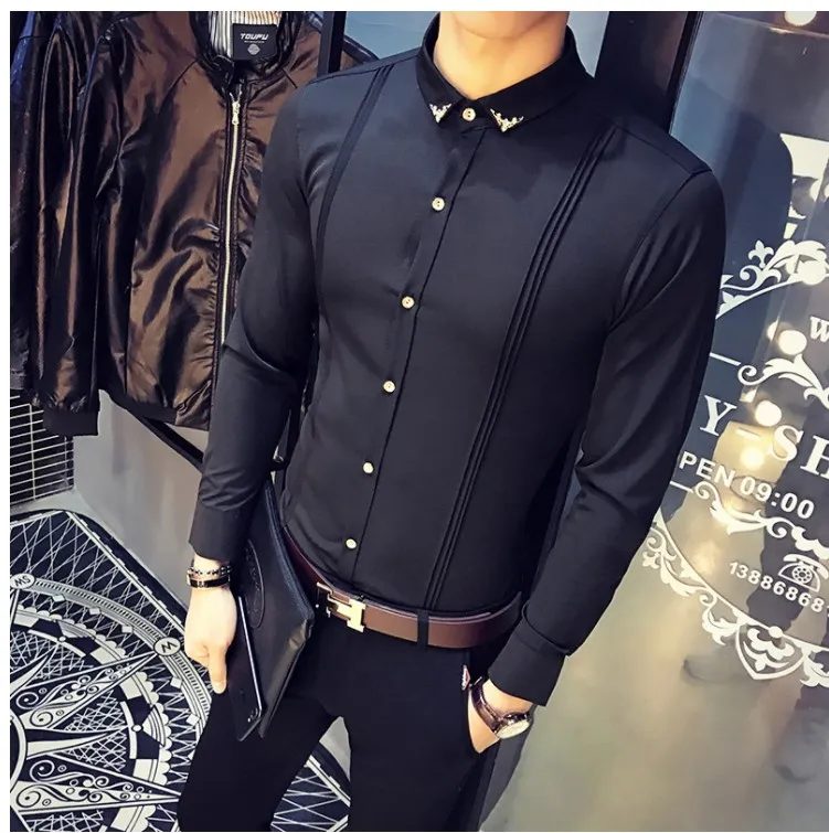 Camisa de diseñador de moda para hombre, camisa informal de esmoquin de primavera, camisas de vestir de manga larga ajustadas elásticas transpirables para club nocturno