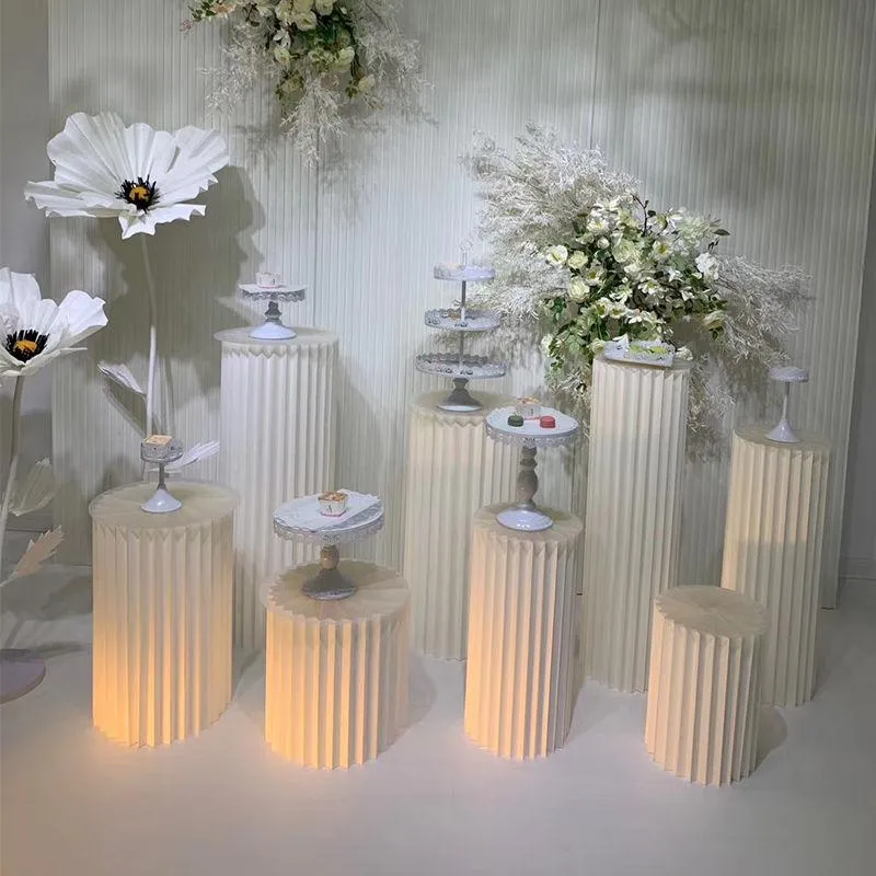 Decoração de festa White Wedding Paper Dobing Cylinder Pedestal Rack Pillars para colunas de mesa de mesa de bolo de passarela