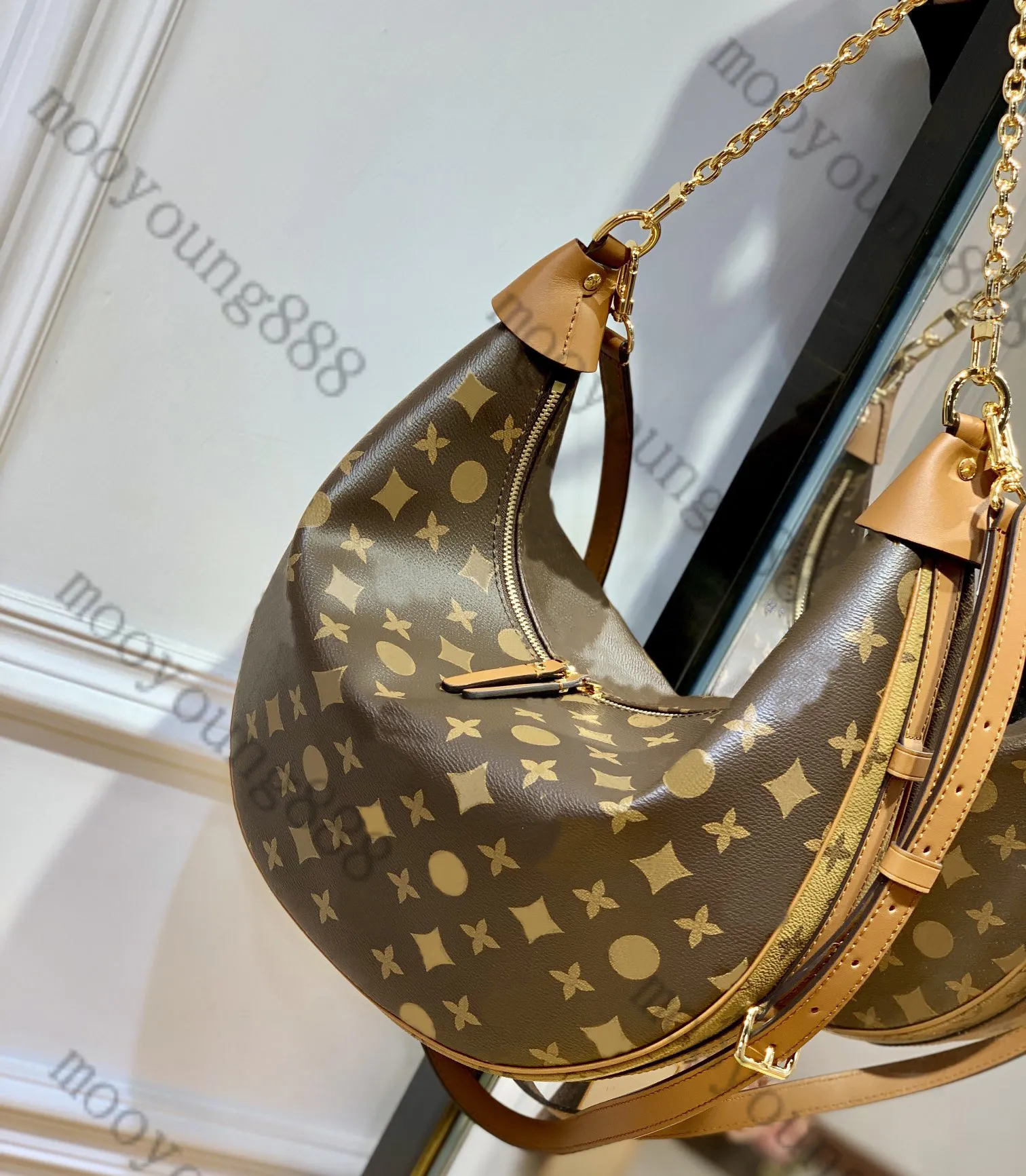12A Upgrade Mirror Quality Luxurys Designer 38 cm stor månpåse Kvinnor marel guldkedja handväskor belagda duk handväska crossbody axel brun blomma rems väska