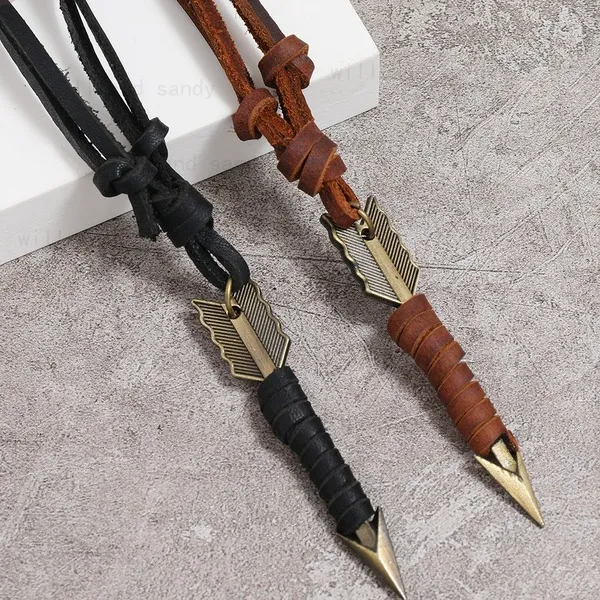 Retro Bow Arrow pendant Necklace Adjustable Leather Chain Necklaces for women men punk Fashion jewelry gift will and sandy